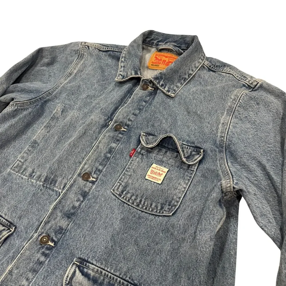 Levi's Relaxed Fit Denim Chore Coat Mens L Blue Medium Wash Workwear GUC